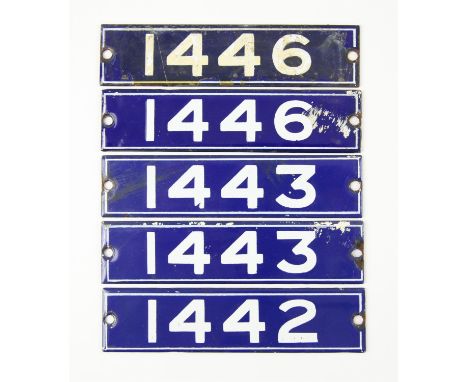 Set of London Underground enamel stock-number plates, from Central Line 1962. Two matching pairs (1443 and 1446), and no. 144