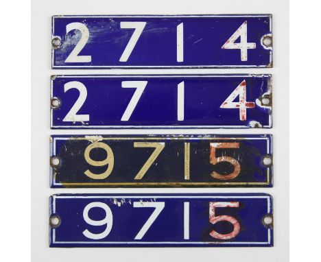 Set of London Underground enamel stock-number plates from 1962 Central Line. Matching pairs (2714 and 9715). Provenance: The 
