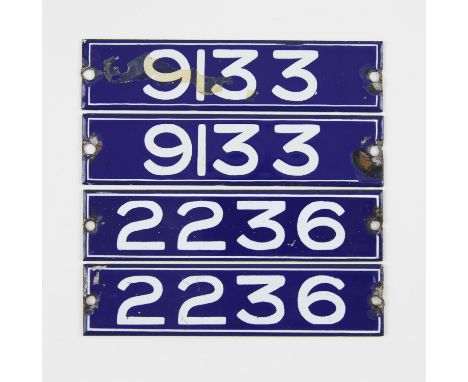 Set of London Underground enamel stock-number plates, from 1959. Two matching pairs (2236 and 9133). (4). Provenance: The ven