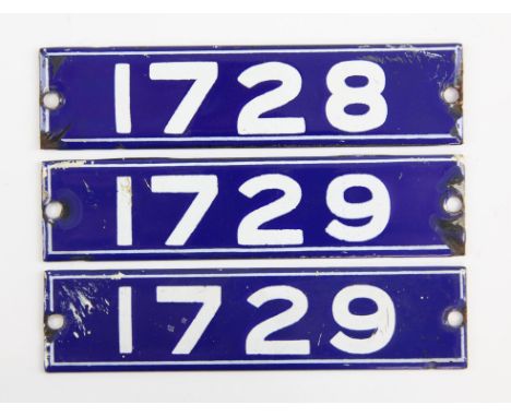 Set of London Underground enamel stock-number plates from 1962 Central Line. One matching pair (1729) and no. 1708. Provenanc