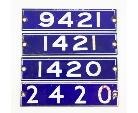 Set of London Underground enamel stock-number plates from 1962 Central Line. Nos. 1420, 1421, 2420, 9421. Provenance: The ven