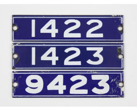 Set of London Underground enamel stock-number plates from 1962 Central Line. Nos. 1422, 1423, 9423. (3). Provenance: The vend