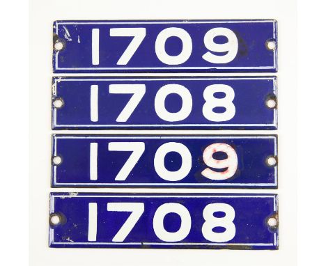 Set of London Underground enamel stock-number plates from 1962 Central Line. Two matching pairs (1708 and 1709). Provenance: 