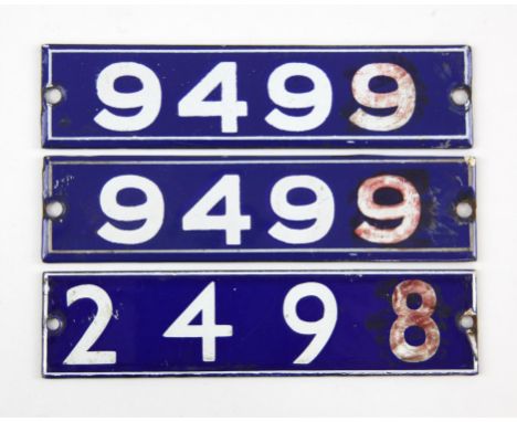 Set of London Underground enamel stock-number plates, from Central Line 1962. One matching pair (9499), and no. 2498. Provena