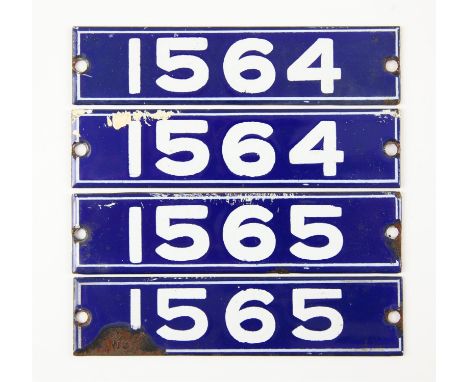 Set of London Underground enamel stock-number plates, from Central Line 1962. Two matching pairs (1564 and 1565) (4). Provena