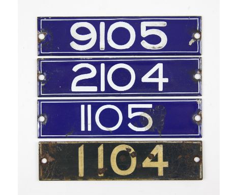 Set of London Underground enamel stock-number plates, from 1959. Nos. 1104 (badly damaged), 1105, 2104, 9105. (4). Provenance