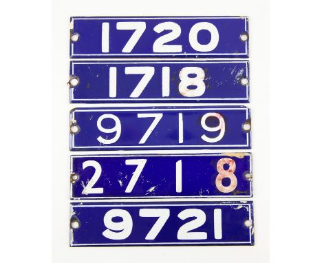 Set of London Underground enamel stock-number plates from 1962 Central Line. Nos. 1718, 1720, 9719, 9721, 2718. Provenance: T