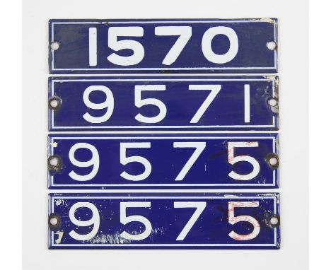Set of London Underground enamel stock-number plates, from 1962 Central Line. One matched pair (9575), with 1570 and 9571 (4)