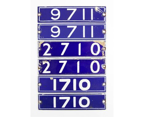 Set of London Underground enamel stock-number plates from 1962 Central Line. Three matching pairs (1710, 2710, 9711). Provena
