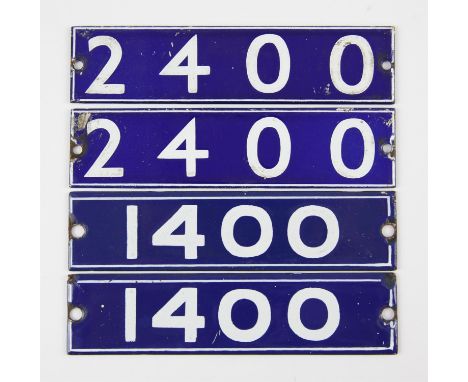Set of London Underground enamel stock-number plates, from Central Line 1962. Two matching pairs (1400 and 2400). (4). Proven