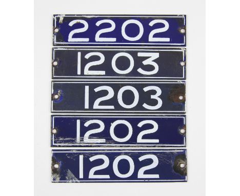 Set of London Underground enamel stock-number plates, from 1959. Two matching pairs (1202 and 1203), and no 2202. (5). Proven