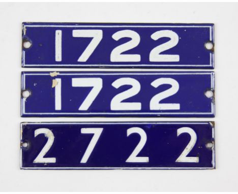 Set of London Underground enamel stock-number plates. Central Line 1962. Matching pair (1722), and no. 2722. (3). Provenance: