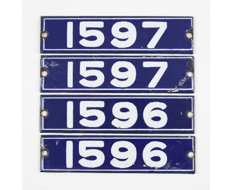Set of London Underground enamel stock-number plates, from 1962 Central Line. Two matching pairs (1596 and 1597). (4). Proven