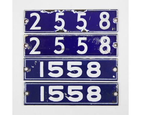 Set of London Underground enamel stock-number plates, from 1962 Central Line. Comprising two matching pairs (1558 and 2558). 