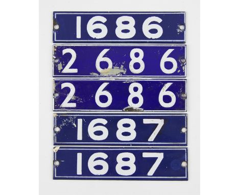 Set of London Underground enamel stock-number plates, from 1962 Central Line. Matching pairs (1687 and 2686), and no. 1686. (