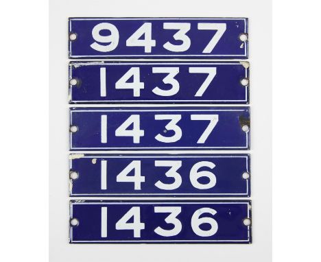 Set of London Underground enamel stock-number plates from 1962 Central Line. Matching pairs (1436 and 1437), and no. 9437. (5