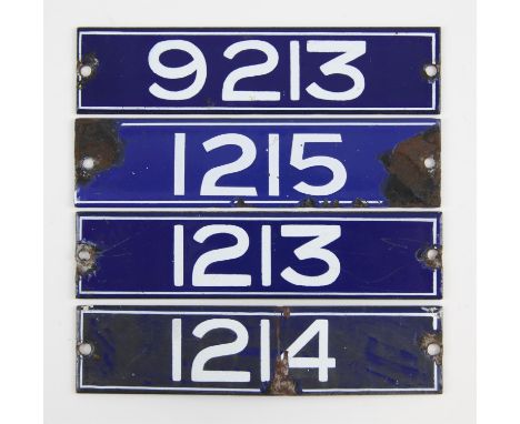 Set of London Underground enamel stock-number plates, from 1959. Nos. 1213, 1214 (badly damaged), 1215, 9213. (4). Provenance