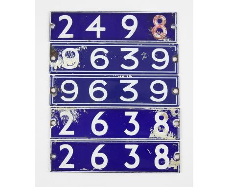 Set of London Underground enamel stock-number plates, from 1962 Central Line. Two matching pairs (2638 and 9639), and no. 249