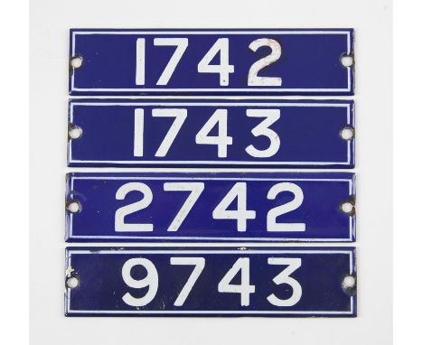 Set of London Underground enamel stock-number plates. Central Line 1962. Nos. 1742, 1743, 2742, 9743. (4). Provenance: The ve