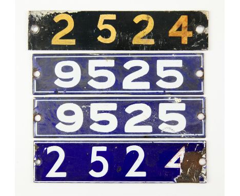 Set of London Underground enamel stock-number plates, from 1962 Central Line. Two pairs (2524 and 9525). 2524 pair badly dama