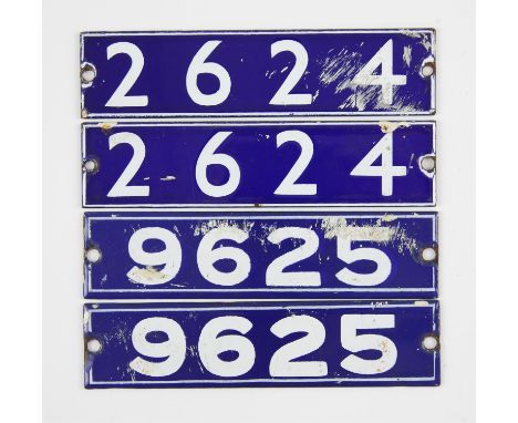 Set of London Underground enamel stock-number plates from 1962 Central Line. Two matching pairs (2624 and 9625). (4). Provena