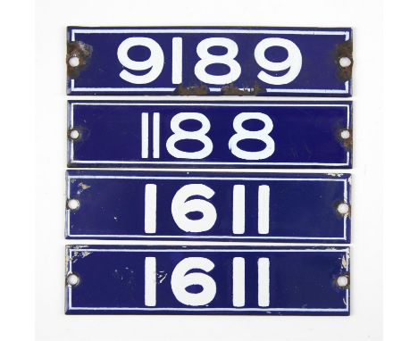 Set of London Underground enamel stock-number plates, from 1959. One matching pair (1191) and nos. 1188 and 9189. (4). Proven