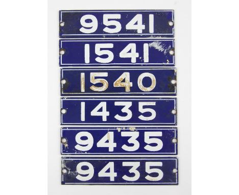 Set of London Underground enamel stock-number plates, from 1962 Central Line. Comprising one matching pair (9435), 1435, 1540