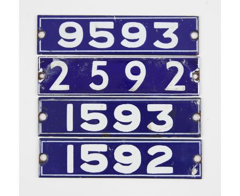 Set of London Underground enamel stock-number plates. 1962 Central Line. Nos. 1592, 1593, 2592, 9593. (4) Provenance: The ven