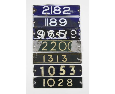 Set of London Underground enamel stock-number plates, from 1959 Northern, Piccadilly and Bakerloo lines. Nos., 1313, 1028, 10