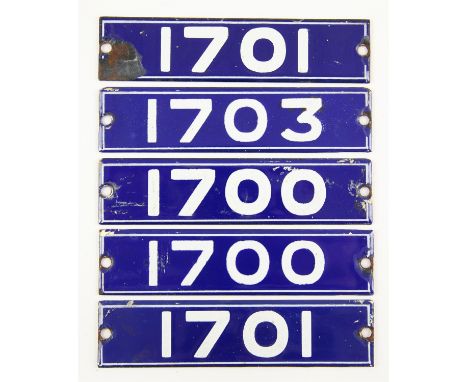 Set of London Underground enamel stock-number plates from 1962 Central Line. Two matching pairs (1700 and 1701), and no. 1703