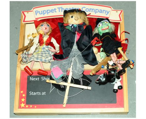 Pelham Puppets group of 3x + Wooden Puppet Theatre. Consisting of Pelham Puppet Dutch Girl, Mr MacBoozle, Wicked Witch with c