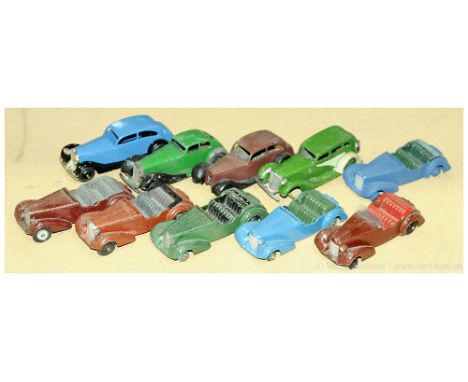 Dinky Toys group of 1950s repainted cars. To include 38c Alvis, 36d Rover plus others, also Tootsietoy 4x door car - missing 