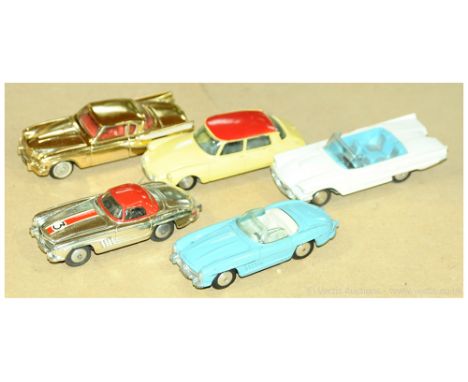 Corgi Toys group of 5x unboxed cars. To include 2111S Studebaker Golden Hawk - gold plated, 303 Mercedes 300SL - light blue, 