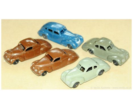 Dinky Toys group of 1950s American cars. 2x Studebaker light grey &amp; grey, 2x Lincoln Zephyr - brown &amp; Chrysler - blue