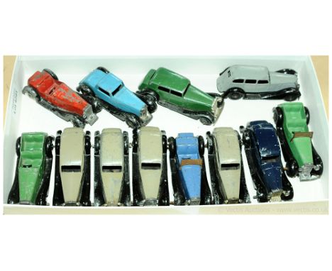 Dinky Toys group of 1950s cars. To include 30b Rolls Royce - dark blue, 36e Salmson 2 Seater - blue, 36b Bentley - light blue