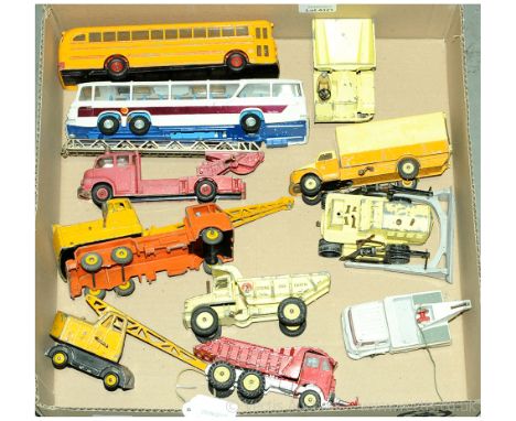 Dinky Toys group of unboxed commercial vehicles. To include 949 Wayne School Bus - yellow / red stripes, 956 Turntable Ladder