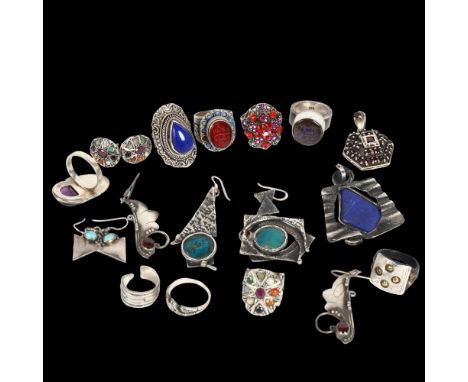 Various silver costume jewellery, including a lapis set ring and pendant, stylised earrings etc 