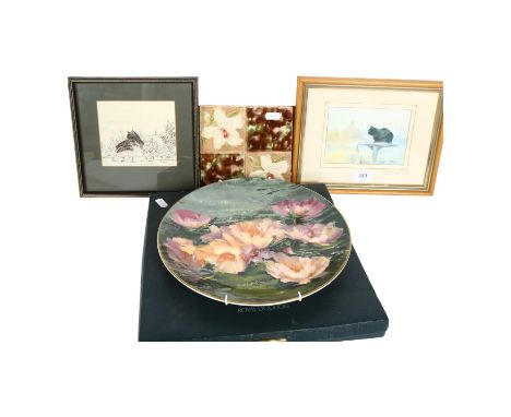 A boxed Doulton Hahn Vidal plate, pen and ink sketch of a cat and a print, and a Victorian tile 
