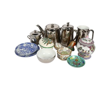 A Royal Worcester fireproof silvered tea and coffee set, a famille verte jar and cover, a Limoges oval box and another etc 