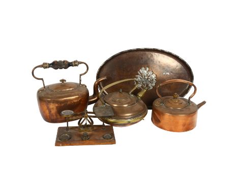 3 x 19th copper kettles, a copper and silvered inlaid tray, postal balance scales etc 