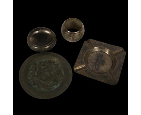 A group of white metal items, to include ashtray, napkin ring, small circular dish etc 