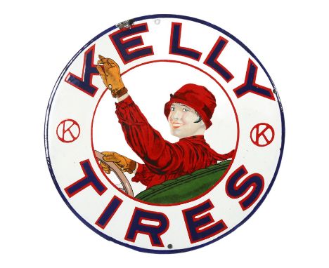 A circular white and blue enamel advertising sign "Kelly Tires", diameter 31.5cm 