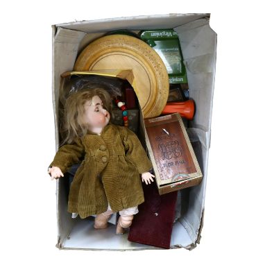 A box containing Simon & Halbig porcelain-headed doll, table linen, mirror, costume jewellery, cigarette lighters and other i