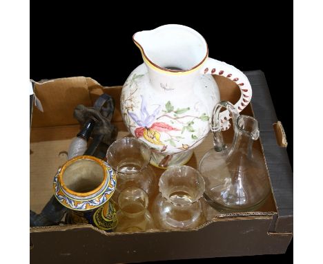 A large West German wash jug, floral decoration, blue back stamp to the base, H35cm, and glass jug, light fitting etcThere is