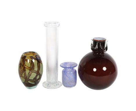 A William Yeoward test-tube style tall vase, a septarian decorated vase, undecipherable signature to base, a milrace glass va