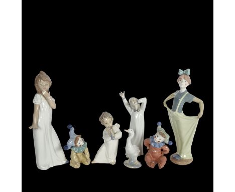 NAO porcelain child clown, 28cm, a pair of smaller clowns, etc 