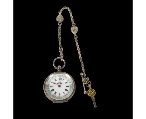 A lady's Continental engraved silver-cased fob watch, with floral decorated enamel dial and Roman numerals, with plated Alber