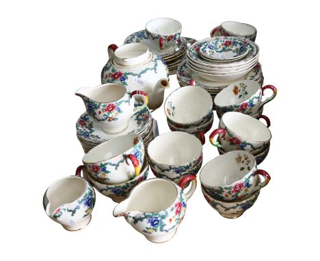 Royal Cauldon "Victoria" pattern tea service, matching breakfast cups and saucers, including teapot and 3 jugs 