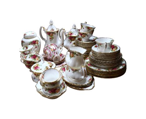 Royal Albert Old Country Roses tea set, matching bowls, jar, and Royal Albert "Ruby Celebration" teaware 