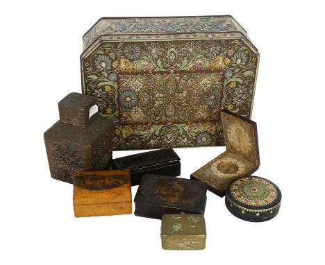 Oriental embossed tea caddy, 12cm, Antique compass, Mauchline Ware Burns Cottage box, etc 